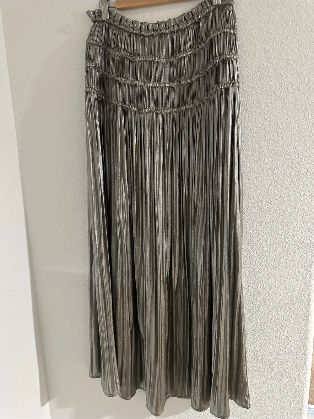 Current Air Silver Metallic Pleated Maxi Skirt